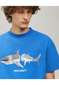 PALM ANGELS - Niebieski t-shirt z nadrukiem Shark. Kolor: niebieski. Materiał: bawełna. Wzór: nadruk. Styl: klasyczny