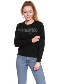 Wrangler - BLUZA WRANGLER DAMSKA CREW SWEAT BLACK W6079HY01. Okazja: na co dzień, na spacer. Typ kołnierza: bez kaptura. Kolor: czarny. Materiał: dresówka, guma, dzianina, bawełna, prążkowany. Długość: długie. Wzór: napisy, nadruk. Sezon: lato. Styl: sportowy, casual, klasyczny #9