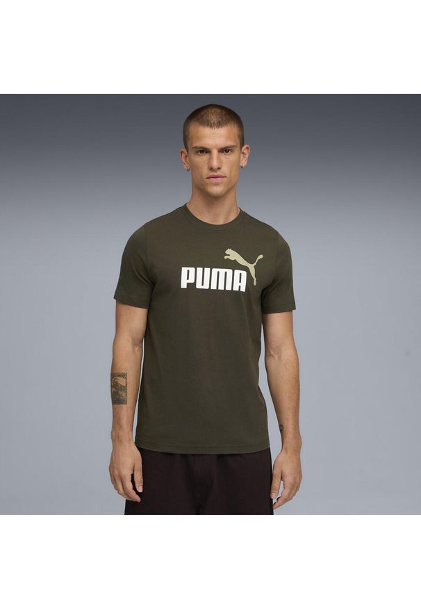 Puma - Męska koszulka Essentials z dwukolorowym logo No. 1 PUMA. Kolor: zielony. Materiał: guma. Wzór: nadruk. Sport: fitness