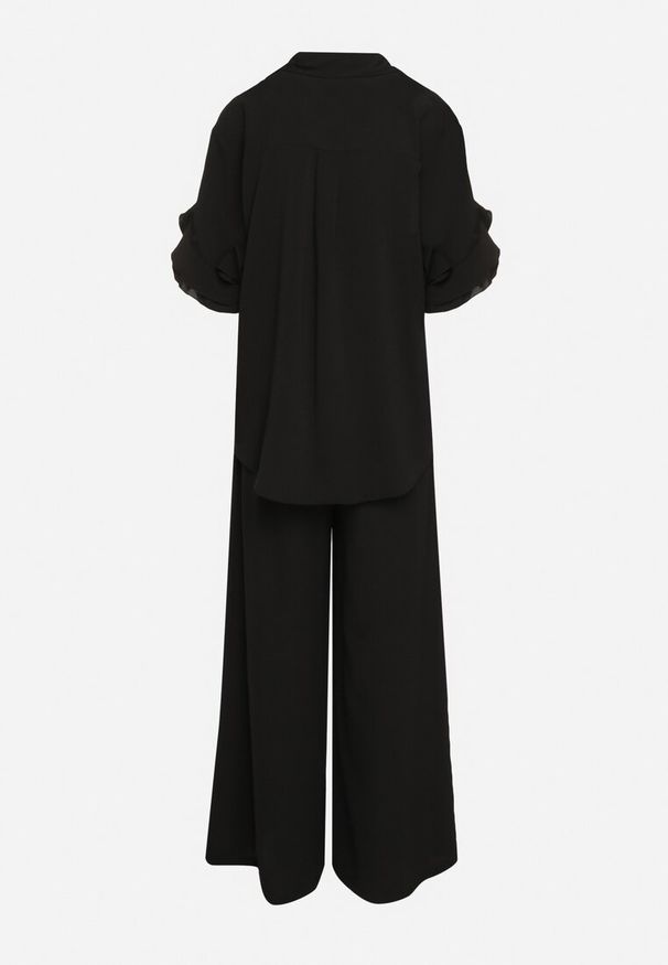 Born2be - Czarny Komplet Koszula z Ozdobnymi Rękawami i Szerokie Spodnie Rivasene. Kolor: czarny. Wzór: aplikacja