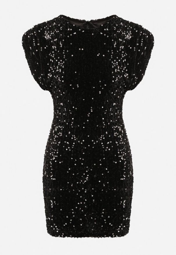 Born2be - Czarna Cekinowa Dopasowana Sukienka Elegancka z Usztywnioną Linią Ramion Korimi. Kolor: czarny. Styl: elegancki