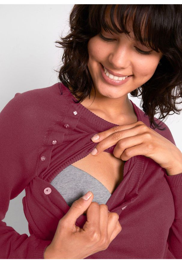 bonprix - Sweter z cienkiej dzianiny 2 w 1 na okres ciąży i podczas karmienia piersią z cienkiej dzianiny. Kolekcja: moda ciążowa. Kolor: czerwony. Materiał: dzianina. Długość rękawa: długi rękaw. Długość: długie. Wzór: ze splotem