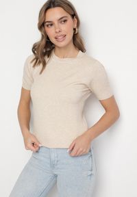 Born2be - Beżowy Sweter z Ozdobnymi Ściągaczami Sanarella. Okazja: na co dzień. Kolor: beżowy. Materiał: jeans. Wzór: aplikacja. Styl: elegancki, casual #3