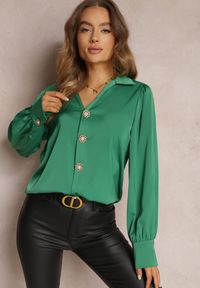 Renee - Zielona Koszula Satynowa na Guziki Liyu. Kolor: zielony. Materiał: satyna