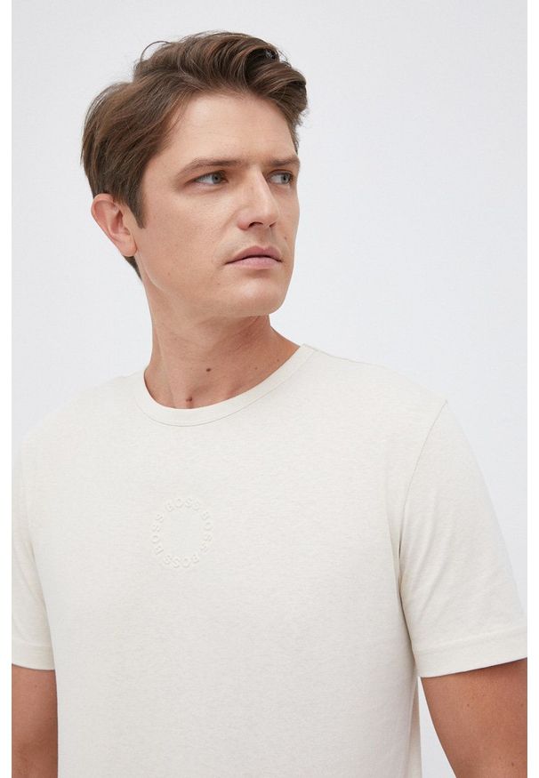 BOSS - Boss - T-shirt bawełniany Boss Athleisure. Okazja: na co dzień. Kolor: beżowy. Materiał: bawełna. Wzór: gładki. Styl: casual