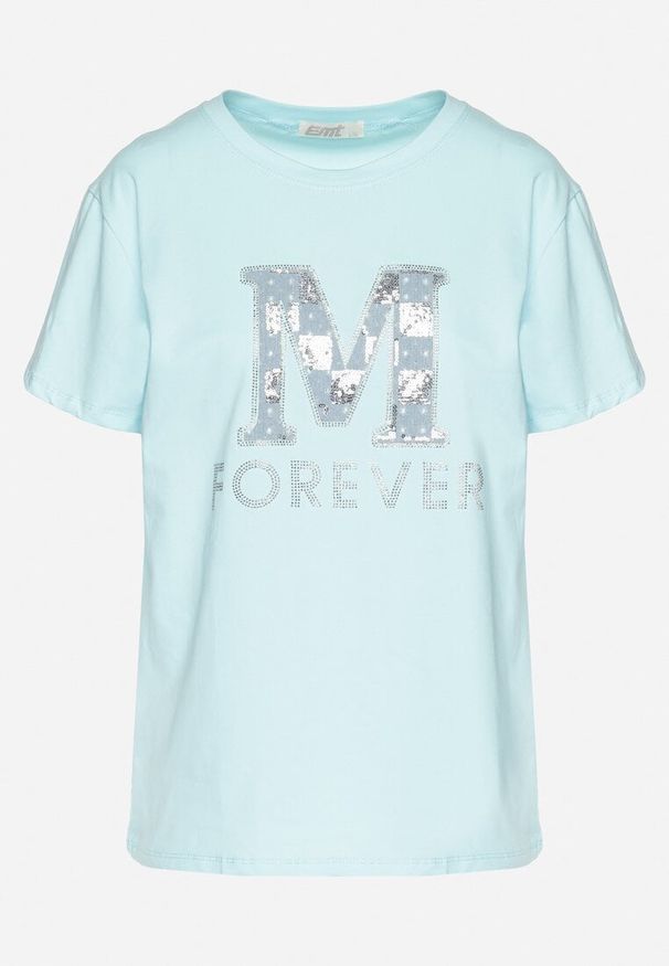 Born2be - Jasnoniebieski T-shirt z Bawełny Ozdobiony Napisem i Cyrkoniami Olireth. Okazja: na co dzień. Kolor: niebieski. Materiał: bawełna. Wzór: napisy, aplikacja. Styl: elegancki, casual