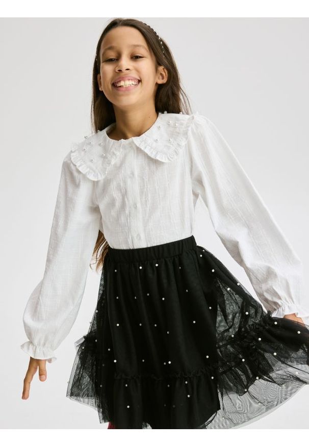 Reserved - Tiulowa spódnica z perełkami - czarny. Kolor: czarny. Materiał: tiul