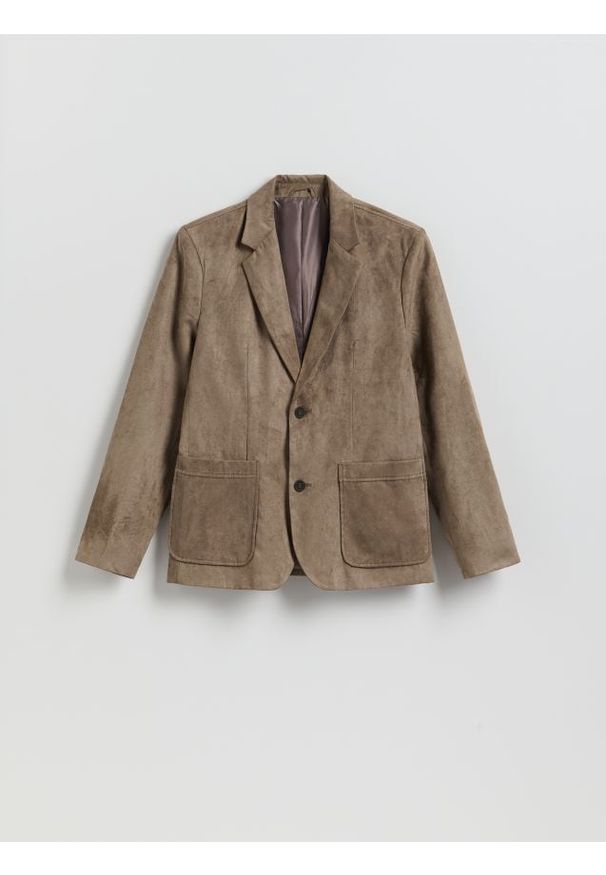 Reserved - Marynarka regular fit z imitacji zamszu - ciemnozielony. Kolor: zielony. Materiał: zamsz