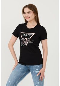 Guess - GUESS Czarny damski t-shirt bawełniany Icon Tee, Rozmiar XS. Kolor: czarny. Materiał: bawełna #5