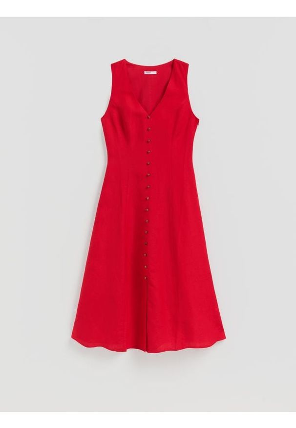 Reserved - Sukienka midi z lnem - czerwony. Kolor: czerwony. Materiał: len. Długość: midi