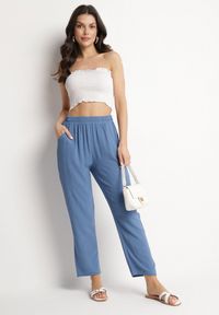 Born2be - Niebieskie Szerokie Spodnie z Bawełną i Wysokim Stanem Neorenna. Okazja: na co dzień. Stan: podwyższony. Kolor: niebieski. Materiał: bawełna. Styl: casual #3