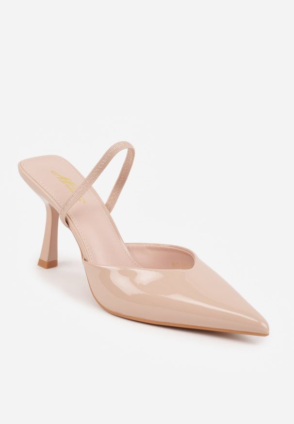 Renee - Beżowe Szpilki z Odkrytą Piętą i Lakierowanym Połyskiem Kianise. Okazja: na co dzień, na imprezę. Kolor: beżowy. Materiał: lakier. Obcas: na szpilce. Styl: rockowy, elegancki, casual, wizytowy