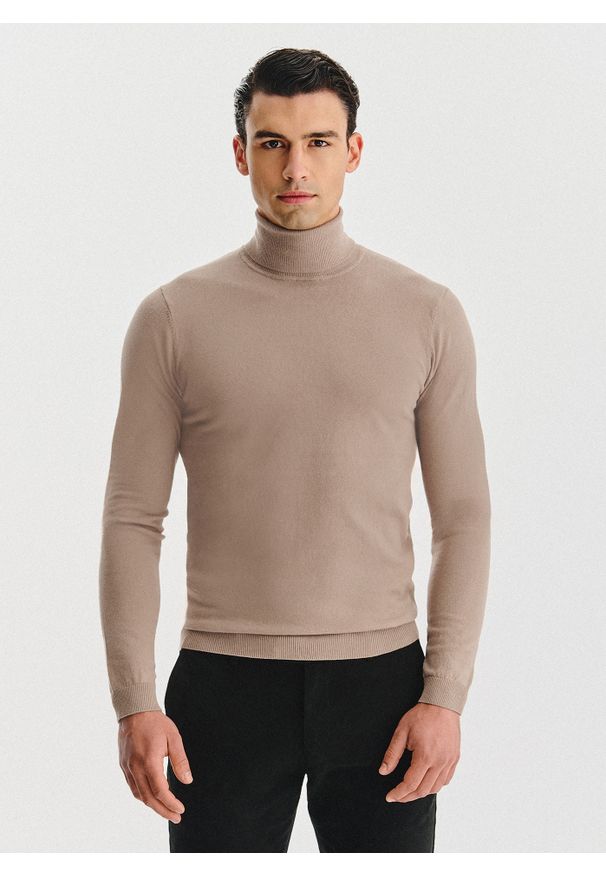 Pako Lorente - PAKO LORENTE - Beżowy gładki golf męski. Typ kołnierza: golf. Kolor: biały, beżowy, niebieski, czarny. Materiał: poliamid, bawełna, elastan. Wzór: gładki. Sezon: jesień