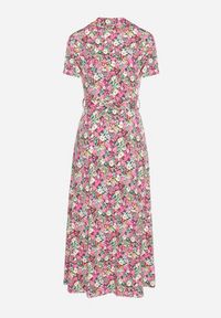 Born2be - Różowo-Zielona Koszulowa Sukienka z Krótkim Rękawem i Wiskozą na Guziki z Materiałowym Paskiem Dimiata. Typ kołnierza: kołnierzyk klasyczny. Kolor: różowy. Materiał: materiał, wiskoza. Długość rękawa: krótki rękaw. Wzór: kwiaty. Typ sukienki: koszulowe. Styl: klasyczny #3