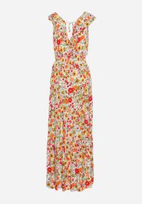 Born2be - Żółto-Czerwona Sukienka Maxi z Trójkątnym Dekoltem i Kwiatowym Motywem z Falbanką Moraila. Typ kołnierza: dekolt w serek. Kolor: żółty. Wzór: kwiaty. Sezon: wiosna, lato. Długość: maxi #3