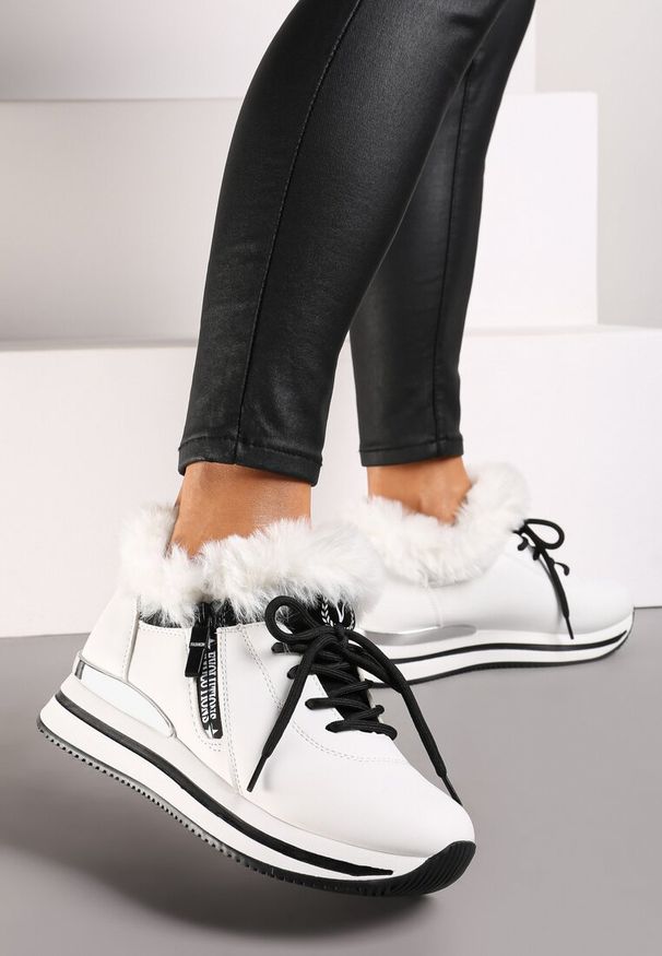 Born2be - Białe Botki Sneakersy na Grubej Podeszwie z Futerkiem Biqilee. Kolor: biały. Materiał: futro