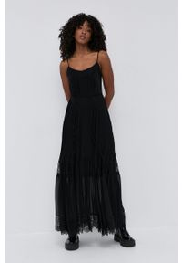 TwinSet - Twinset Sukienka kolor czarny maxi rozkloszowana. Kolor: czarny. Materiał: tkanina, koronka. Długość rękawa: na ramiączkach. Typ sukienki: rozkloszowane, plisowane. Długość: maxi #5