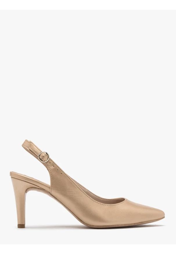 Ryłko - Złote czółenka typu slingback. Kolor: złoty. Materiał: skóra. Obcas: na obcasie. Styl: street. Wysokość obcasa: średni