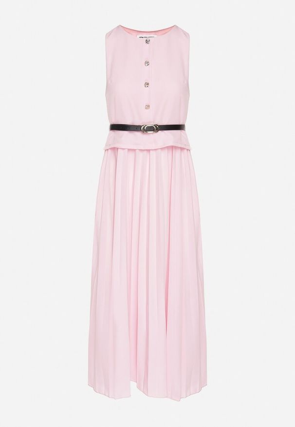 Born2be - Różowa Sukienka Bez Rękawów z Plisami i Paskiem z Klamrą Iffale. Okazja: na spacer, na co dzień. Kolor: różowy. Długość rękawa: bez rękawów. Styl: casual, klasyczny