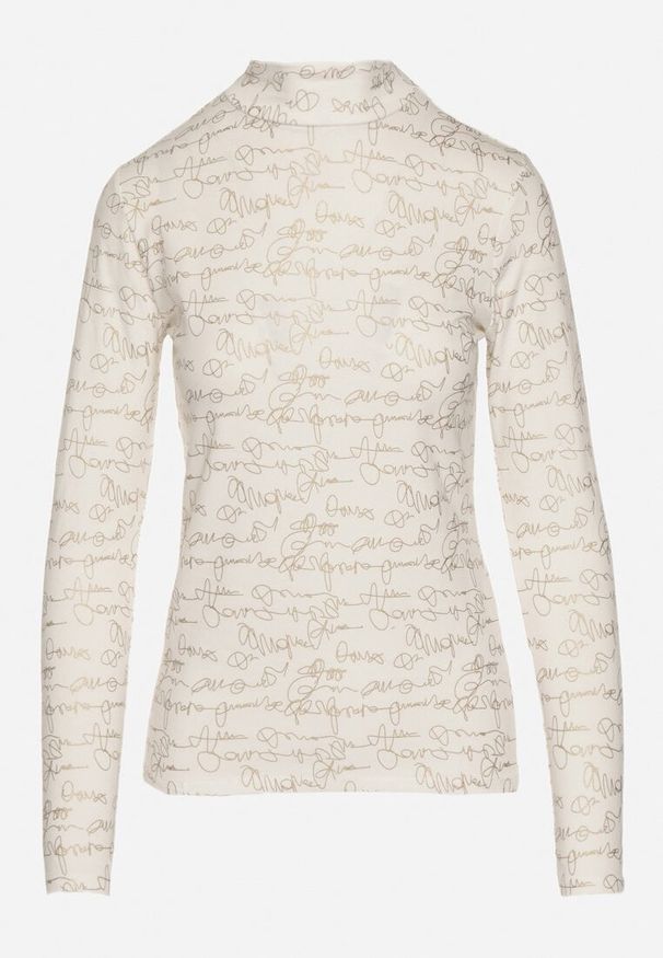 Born2be - Biała Bluzka z Bawełny w Stylu Longsleeve z Półgolfem w Literowy Nadruk Azelenia. Okazja: na co dzień. Kolor: biały. Materiał: bawełna. Długość rękawa: długi rękaw. Wzór: nadruk. Styl: casual