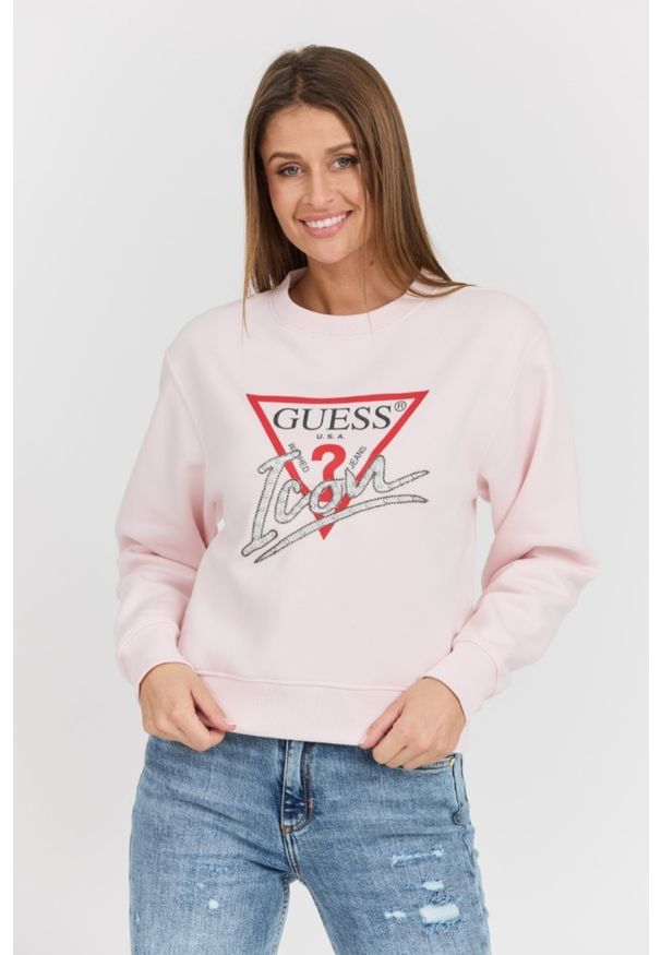 Guess - GUESS Różowa damska bluza Icon z dużym logo, Rozmiar L. Okazja: na co dzień. Kolor: różowy. Materiał: materiał, poliester, bawełna. Styl: casual, elegancki