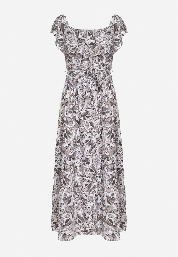 Born2be - Ciemnoszara Sukienka Hiszpanka z Bawełną w Kwiaty Mreova. Okazja: na co dzień. Typ kołnierza: dekolt hiszpanka. Kolor: szary. Materiał: bawełna. Wzór: kwiaty. Styl: klasyczny, casual, elegancki