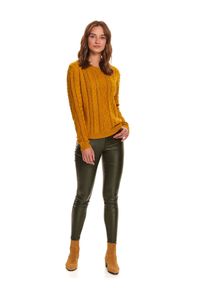 TOP SECRET - Damski ażurowy sweter. Kolor: żółty. Materiał: materiał, jeans, bawełna. Długość rękawa: długi rękaw. Długość: długie. Wzór: ażurowy. Sezon: zima #6