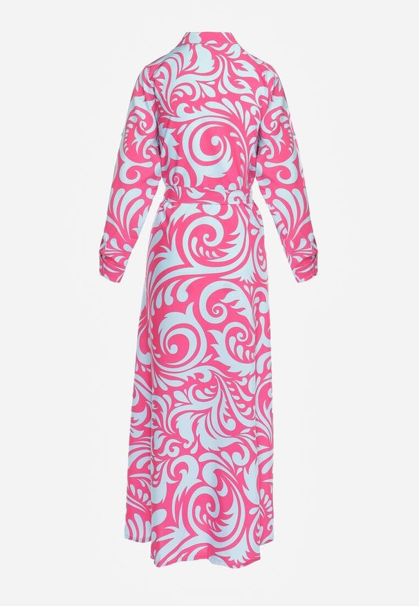 Renee - Fuksjowo-Niebieska Sukienka Koszulowa Maxi z Materiałowym Paskiem w Abstrakcyjny Print Lirans. Kolor: różowy. Materiał: materiał. Wzór: nadruk. Typ sukienki: koszulowe. Długość: maxi
