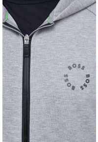 Boss Green - BOSS bluza BOSS GREEN męska kolor szary z kapturem z nadrukiem. Typ kołnierza: kaptur. Kolor: szary. Materiał: poliester. Długość rękawa: raglanowy rękaw. Wzór: nadruk #4