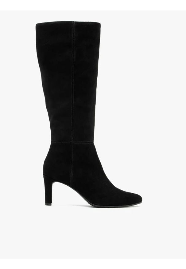 Ryłko - Czarne kozaki z szeroką cholewką. Zapięcie: zamek. Kolor: czarny. Materiał: welur, skóra. Szerokość cholewki: szeroka. Obcas: na obcasie. Styl: street, elegancki. Wysokość obcasa: średni