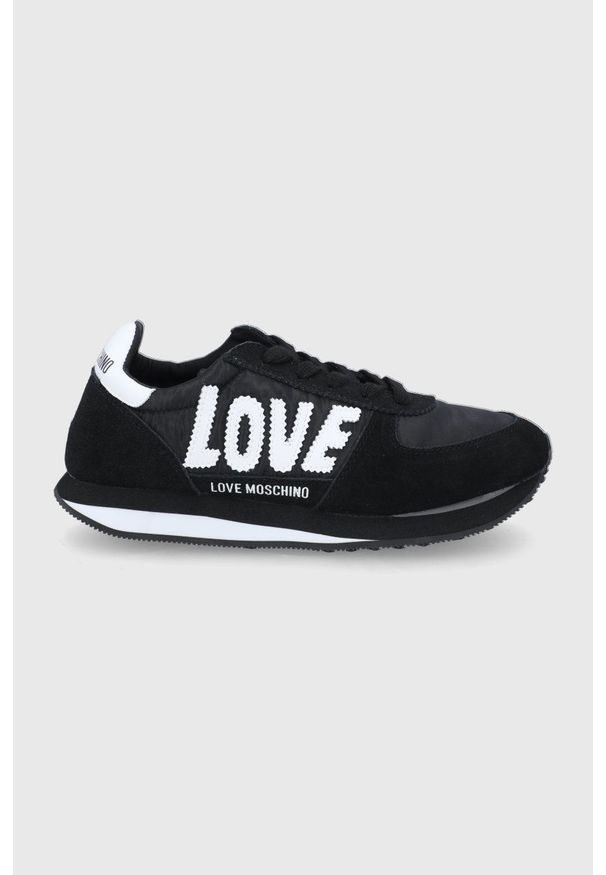Love Moschino buty kolor czarny na płaskim obcasie. Nosek buta: okrągły. Zapięcie: sznurówki. Kolor: czarny. Obcas: na obcasie. Wysokość obcasa: niski