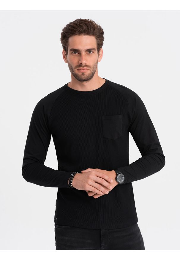 Ombre Clothing - Longsleeve męski o strukturze "wafla" - czarny V4. Okazja: na co dzień. Kolor: czarny. Materiał: bawełna. Długość rękawa: długi rękaw. Styl: klasyczny, sportowy, casual