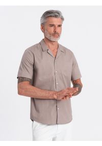 Ombre Clothing - Koszula męska z krótkim rękawem i kubańskim kołnierzem - ciemnobeżowa V3. Okazja: na co dzień. Kolor: beżowy. Materiał: tkanina, bawełna. Długość rękawa: krótki rękaw. Długość: krótkie. Wzór: gładki. Sezon: lato. Styl: klasyczny, casual