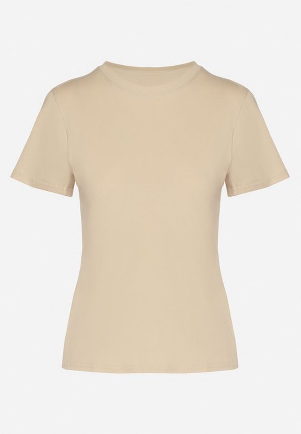 Born2be - Beżowy Klasyczny T-shirt z Bawełny Lorali. Okazja: na co dzień, na spacer. Kolor: beżowy. Materiał: bawełna. Wzór: gładki. Styl: klasyczny