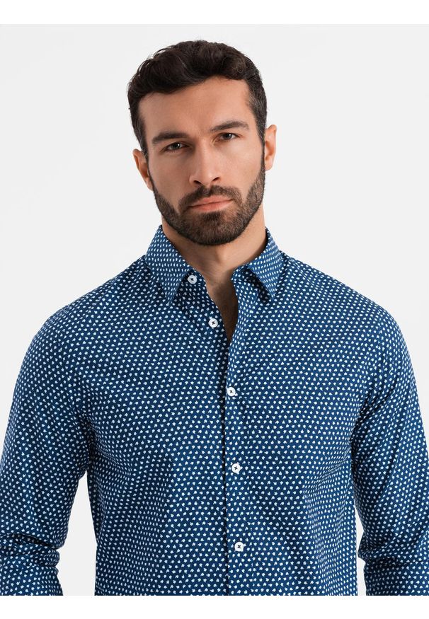 Ombre Clothing - Męska koszula w drobny wzór SLIM FIT - granatowa V1. Kolor: niebieski. Materiał: bawełna. Styl: klasyczny