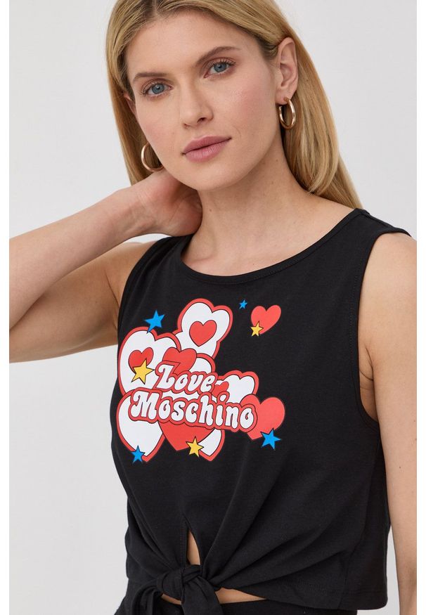 Love Moschino top bawełniany kolor czarny. Okazja: na co dzień. Kolor: czarny. Materiał: bawełna. Wzór: nadruk. Styl: casual