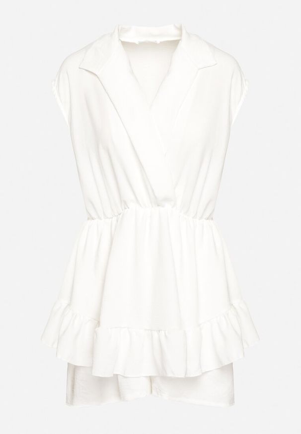 Born2be - Biały Krótki Kombinezon z Falbankami i Kołnierzykiem Laravia. Kolor: biały. Długość: krótkie. Styl: elegancki, wizytowy