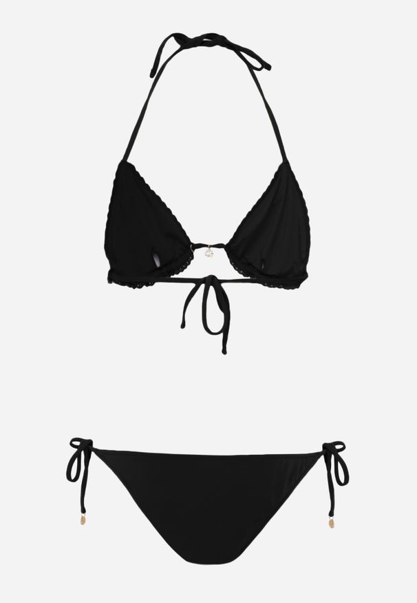 Renee - Czarne Dwuczęściowe Bikini z Szydełkową Fakturą Wiązane na Szyi z Metalicznymi Ozdobami Murilora. Kolekcja: plus size. Kolor: czarny. Wzór: aplikacja