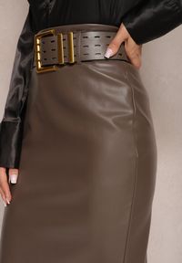 Renee - Brązowa Ołówkowa Spódnica Midi z Imitacji Skóry z Paskiem Libitu. Kolor: brązowy. Materiał: skóra #4