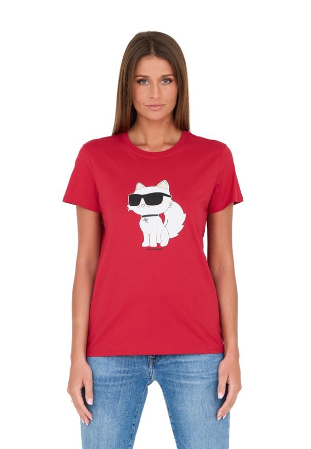 Karl Lagerfeld - KARL LAGERFELD Czerwony damski t-shirt z kotem, Rozmiar M. Kolor: czerwony