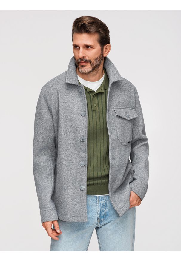 Ombre Clothing - Lekka flauszowa kurtka męska z dodatkiem wiskozy – szara V2. Okazja: na co dzień. Kolor: szary. Materiał: wiskoza. Styl: casual, wizytowy
