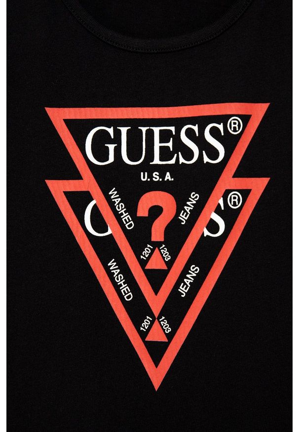 Guess Sukienka bawełniana dziecięca kolor czarny mini prosta. Okazja: na co dzień. Kolor: czarny. Materiał: bawełna. Wzór: nadruk. Typ sukienki: proste. Styl: casual. Długość: mini