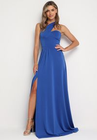 Born2be - Granatowa Rozkloszowana Sukienka z Asymetryczną Górą i Wiązaniem na Ramieniu z Rozcięciem Efirey. Kolor: niebieski. Materiał: tkanina. Typ sukienki: asymetryczne #7