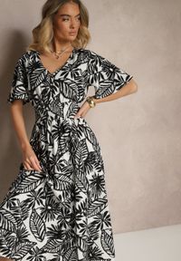 Renee - Czarna Sukienka z Gumką w Pasie Ozdobiona Roślinnym Wzorem Charina. Kolor: czarny. Materiał: tkanina, wiskoza. Długość rękawa: krótki rękaw. Wzór: aplikacja. Sezon: lato