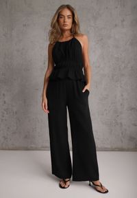 Renee - Czarny Letni Komplet z Bawełny Spodnie Wide Leg i Bluzka Halter z Wiązaniem Apomeda. Kolor: czarny. Materiał: bawełna #4