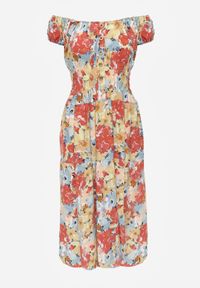 Renee - Różowo-Beżowa Sukienka Midi z Krótkim Rękawem z Wiskozy w Kwiaty Emena. Kolor: różowy. Materiał: wiskoza. Długość rękawa: krótki rękaw. Wzór: kwiaty. Sezon: lato. Typ sukienki: rozkloszowane. Długość: midi #7