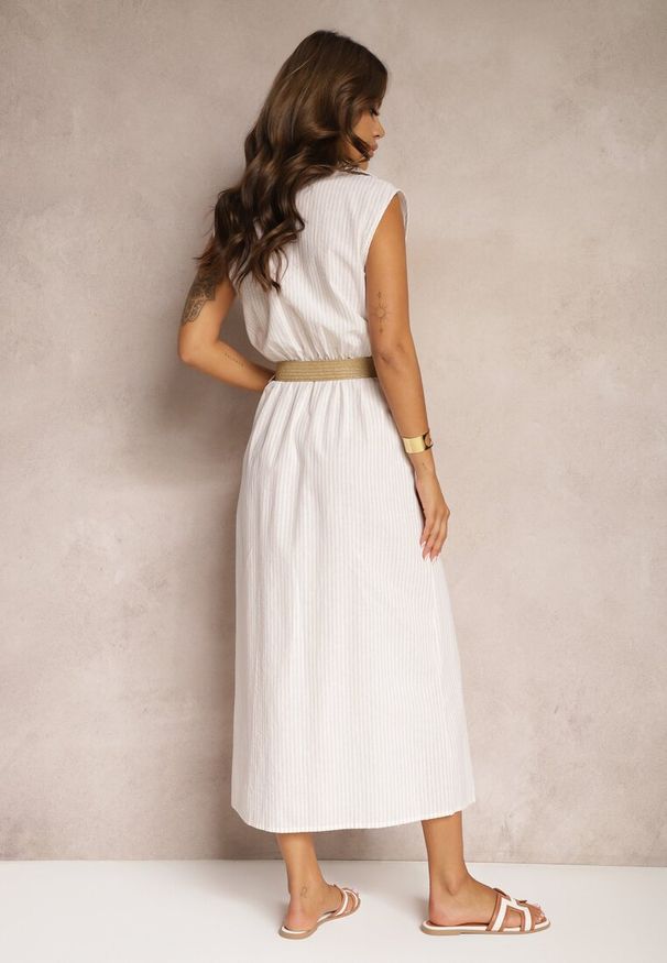 Renee - Beżowa Koszulowa Sukienka z Bawełny Bez Rękawów z Paskiem i Gumką w Talii Zalorea. Okazja: na co dzień. Kolor: beżowy. Materiał: bawełna. Długość rękawa: bez rękawów. Typ sukienki: koszulowe. Styl: casual