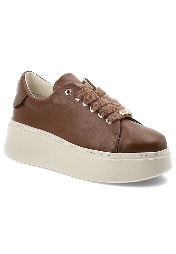 Sneakersy damskie Karino, cholewka ze skóry naturalnej gładkiej minimalistyczna forma klasyczne sznurowanie masywna podeszwa zapewniająca stabilność. Okazja: na co dzień. Zapięcie: sznurówki. Kolor: brązowy. Materiał: skóra. Szerokość cholewki: normalna. Wzór: gładki. Obcas: na platformie. Styl: klasyczny