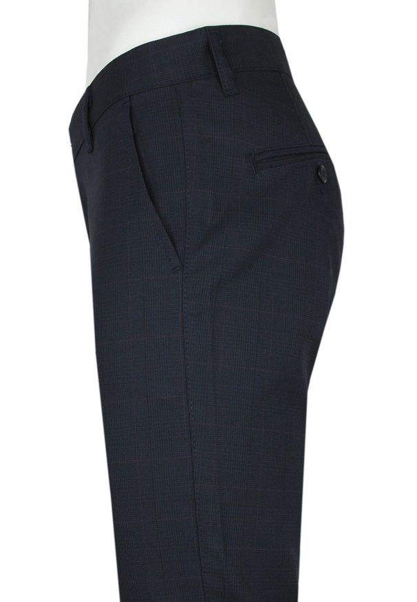 Rigon - Eleganckie Męskie Spodnie, Zwężane (Slim Fit) – RIGON - Ciemnogranatowe, Drobna Kratka. Kolor: niebieski. Materiał: wiskoza, elastan, poliester. Wzór: kratka. Styl: elegancki