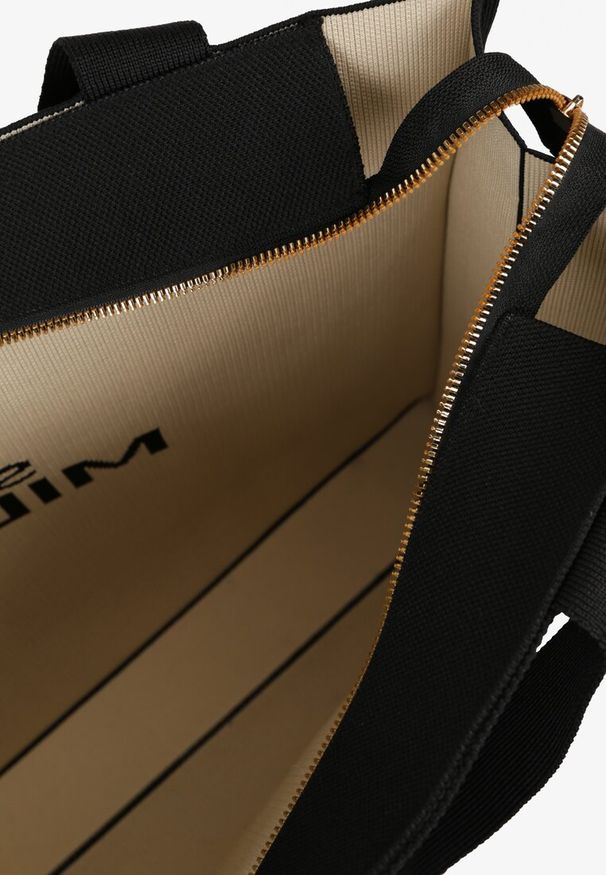 Born2be - Czarno-Beżowa Torebka Shopper Materiałowa z Napisem Zasuwana Saliretia. Kolor: czarny. Wzór: napisy. Styl: biznesowy, casual